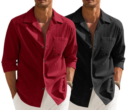 Men’s Casual Cotton Blend Shirt || Long Sleeve Button Down with Spread Collar | Lightweight Breathable Fabric | Stylish Solid Shirt for Beach, Office & Everyday Wear Pack of 2
