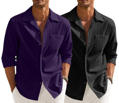 Men’s Casual Cotton Blend Shirt || Long Sleeve Button Down with Spread Collar | Lightweight Breathable Fabric | Stylish Solid Shirt for Beach, Office & Everyday Wear Pack of 2