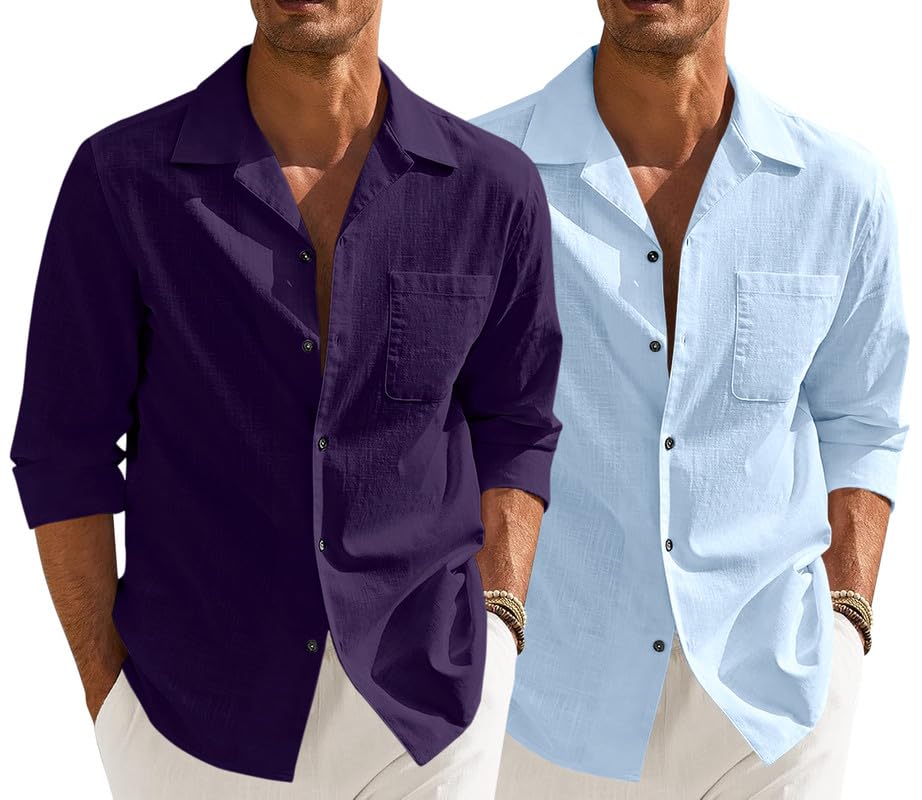 Men’s Casual Cotton Blend Shirt || Long Sleeve Button Down with Spread Collar | Lightweight Breathable Fabric | Stylish Solid Shirt for Beach, Office & Everyday Wear Pack of 2