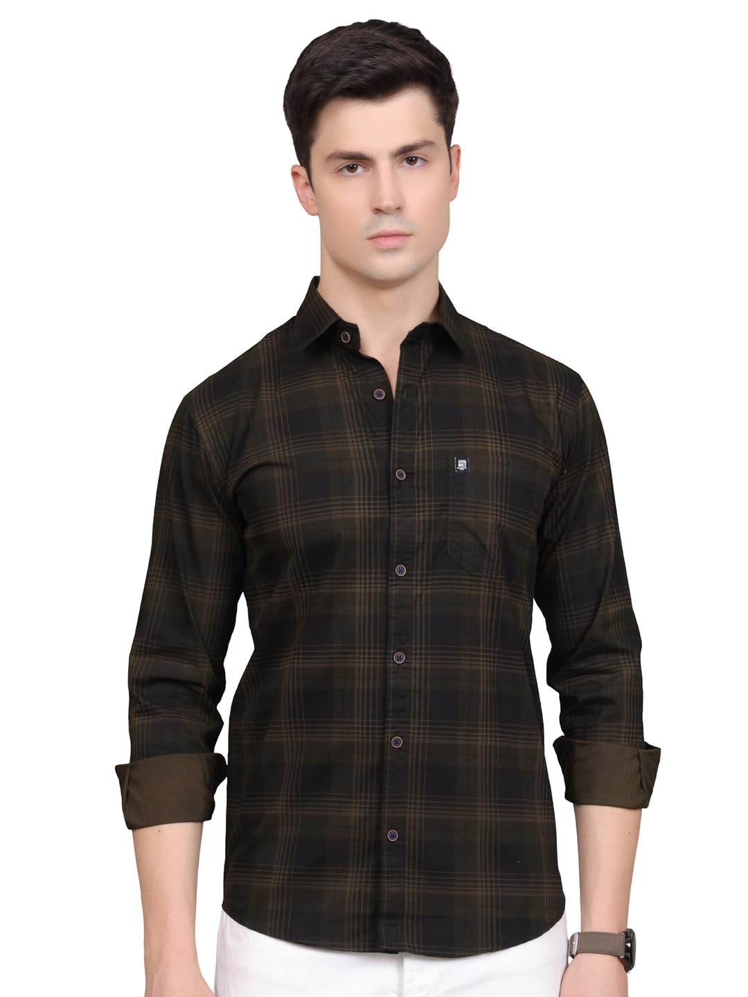 Man Stylish Slim Fit Cotton Spread Collar Checked Casual Shirt