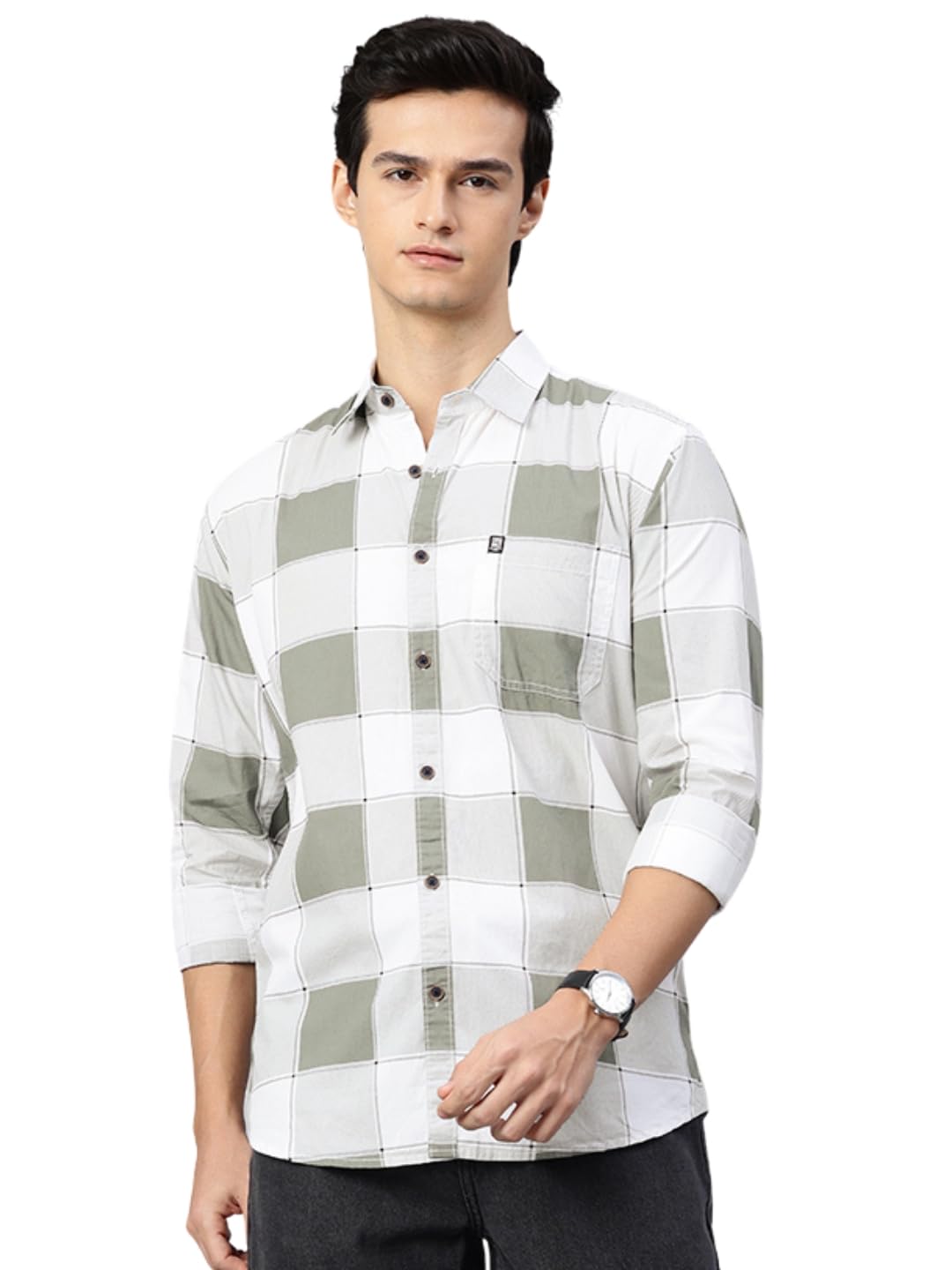 Man Stylish Slim Fit Cotton Spread Collar Checked Casual Shirt