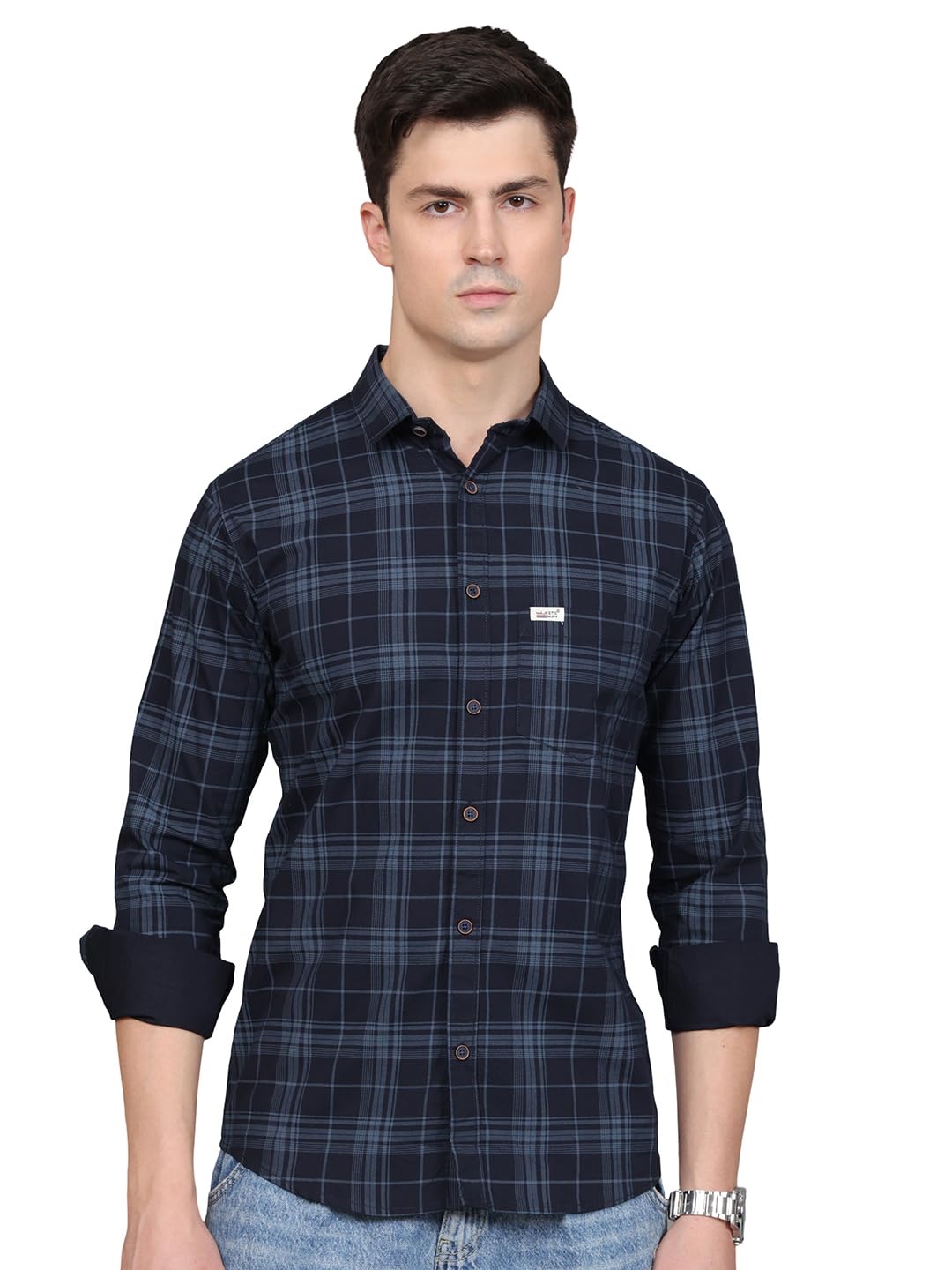 Man Stylish Slim Fit Cotton Spread Collar Checked Casual Shirt