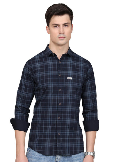 Man Stylish Slim Fit Cotton Spread Collar Checked Casual Shirt