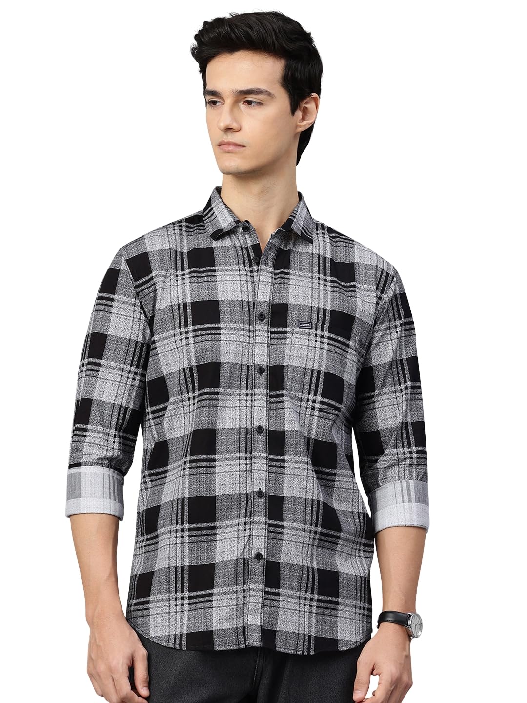 Man Stylish Slim Fit Cotton Spread Collar Checked Casual Shirt
