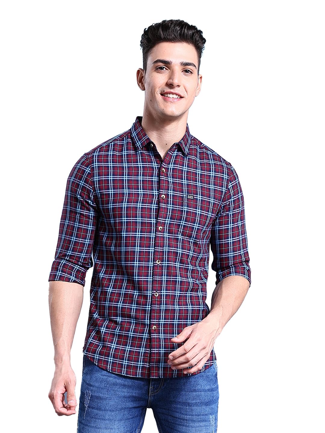 Men Slim Fit Checkered Full Sleeves Spread Collar Casual Shirt