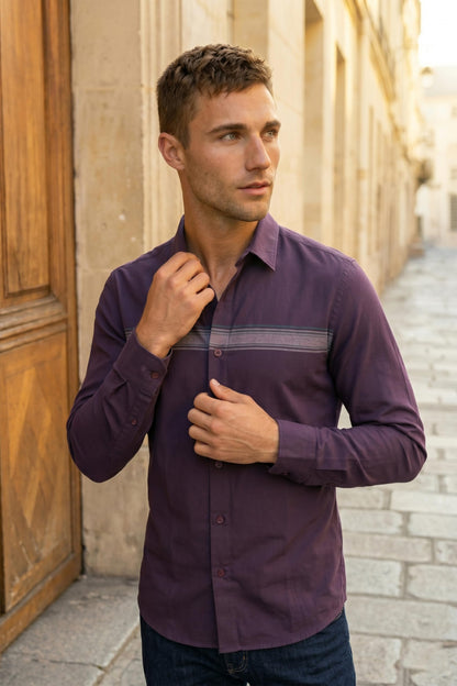 Men's Slim Fit Made Using BCI Cotton, Brushed Twill, Soft Fabric Full Sleeve Engineered Stripe Casual Shirt