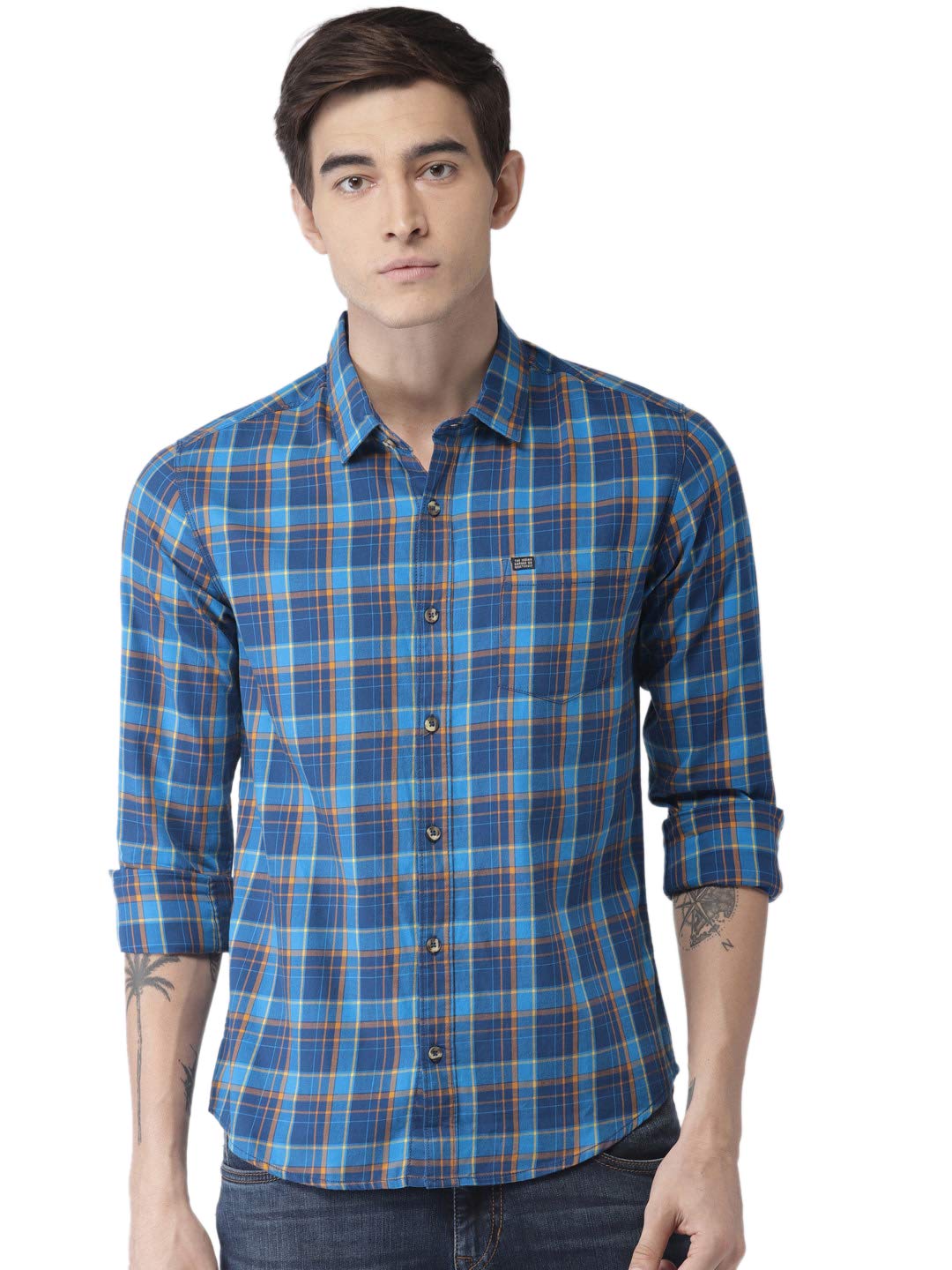 Men Slim Fit Checkered Full Sleeves Spread Collar Casual Shirt