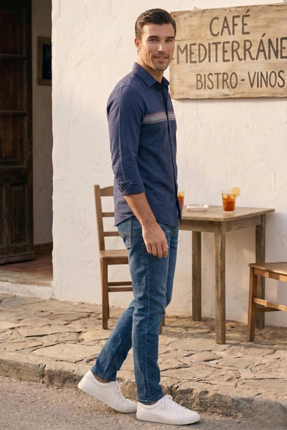 Men's Slim Fit Made Using BCI Cotton, Brushed Twill, Soft Fabric Full Sleeve Engineered Stripe Casual Shirt