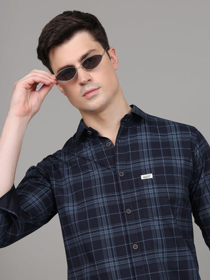 Man Stylish Slim Fit Cotton Spread Collar Checked Casual Shirt