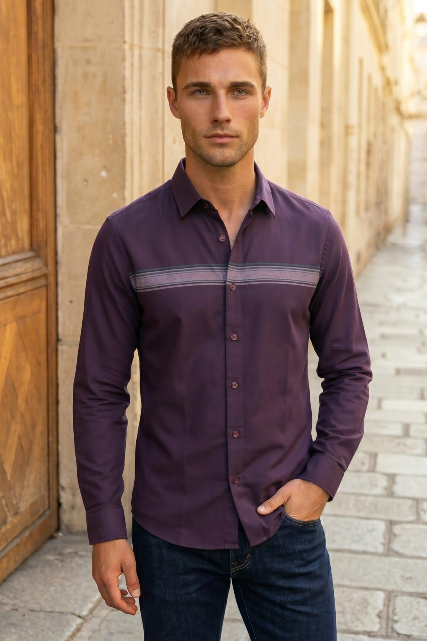 Men's Slim Fit Made Using BCI Cotton, Brushed Twill, Soft Fabric Full Sleeve Engineered Stripe Casual Shirt