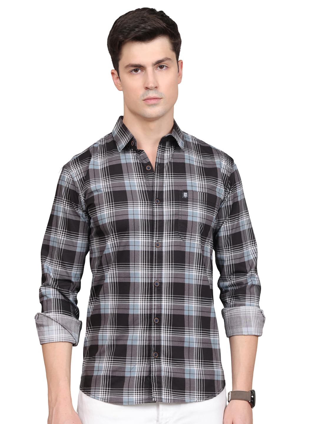 Man Stylish Slim Fit Cotton Spread Collar Checked Casual Shirt