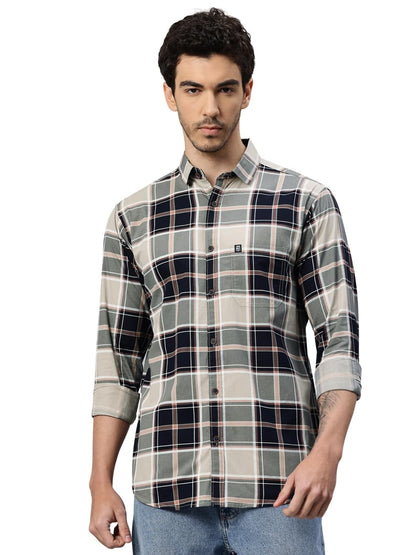 Man Stylish Slim Fit Cotton Spread Collar Checked Casual Shirt