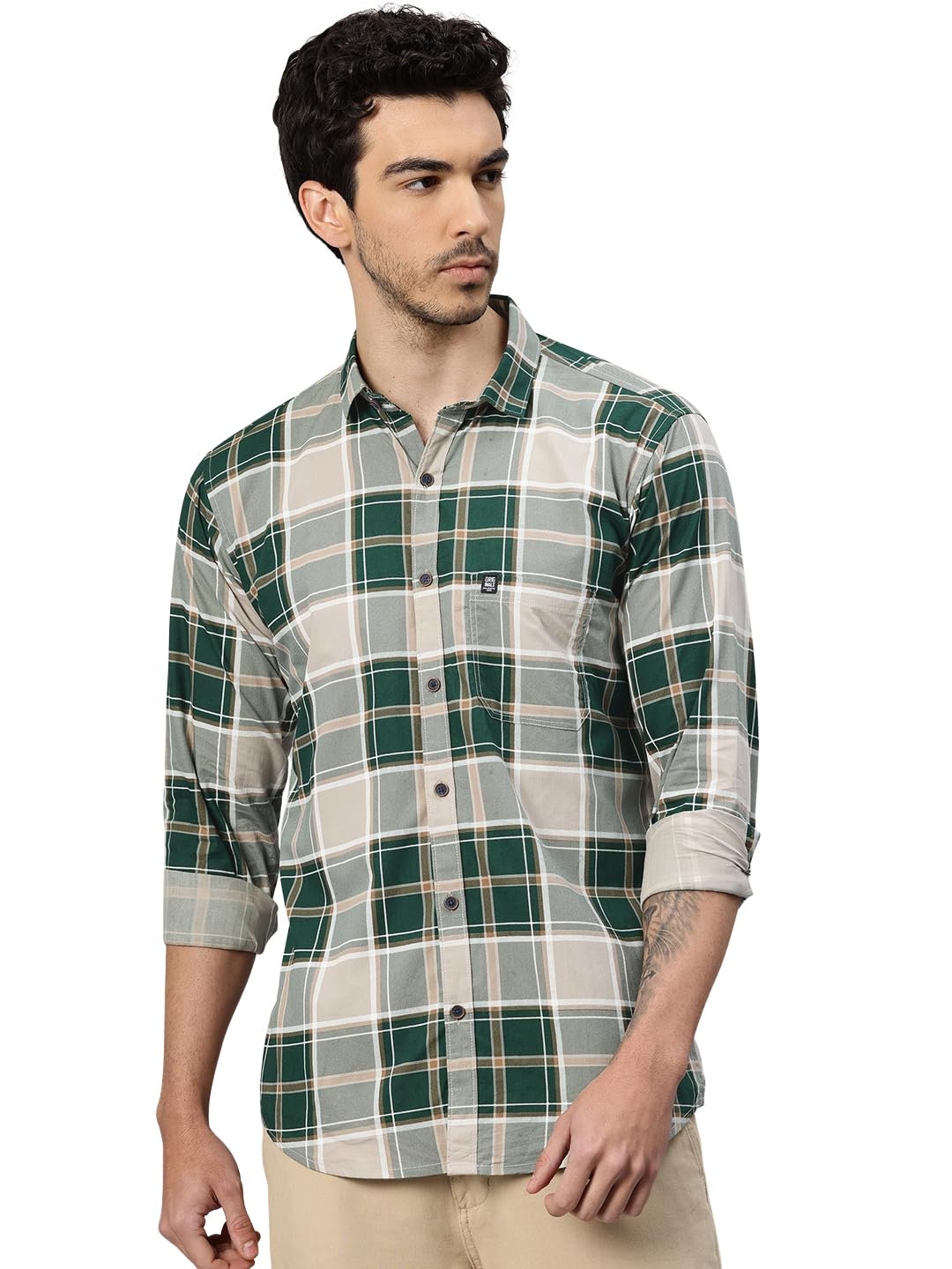 Man Stylish Slim Fit Cotton Spread Collar Checked Casual Shirt