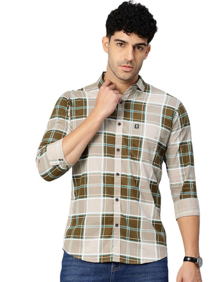 Man Stylish Slim Fit Cotton Spread Collar Checked Casual Shirt