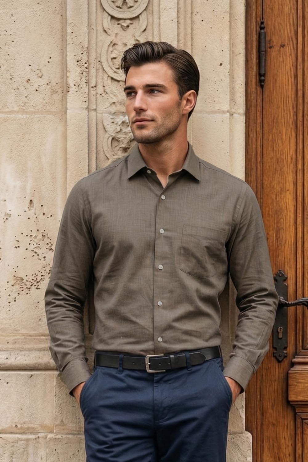 Men's Slim Fit Melange Look All Day Comfort with Stretch Full Sleeve Solid Fashion Formal Shirt