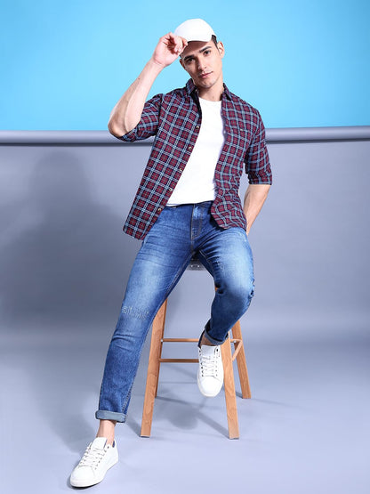 Men Slim Fit Checkered Full Sleeves Spread Collar Casual Shirt
