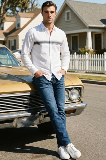 Men's Slim Fit Made Using BCI Cotton, Brushed Twill, Soft Fabric Full Sleeve Engineered Stripe Casual Shirt