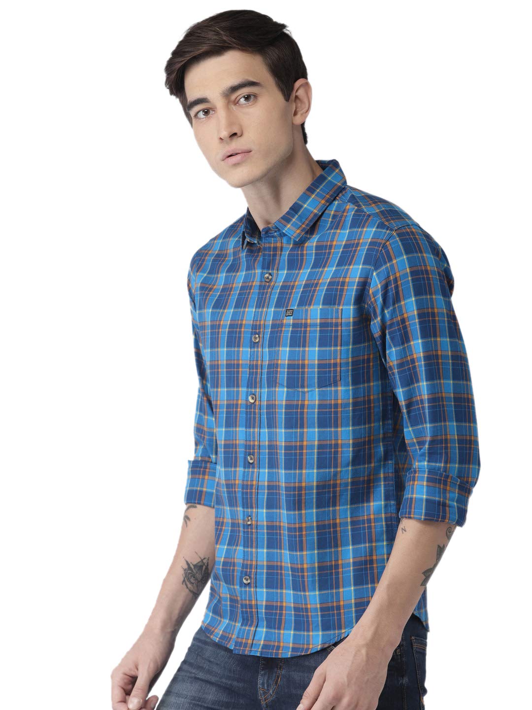 Men Slim Fit Checkered Full Sleeves Spread Collar Casual Shirt
