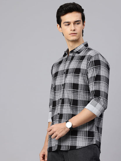 Man Stylish Slim Fit Cotton Spread Collar Checked Casual Shirt