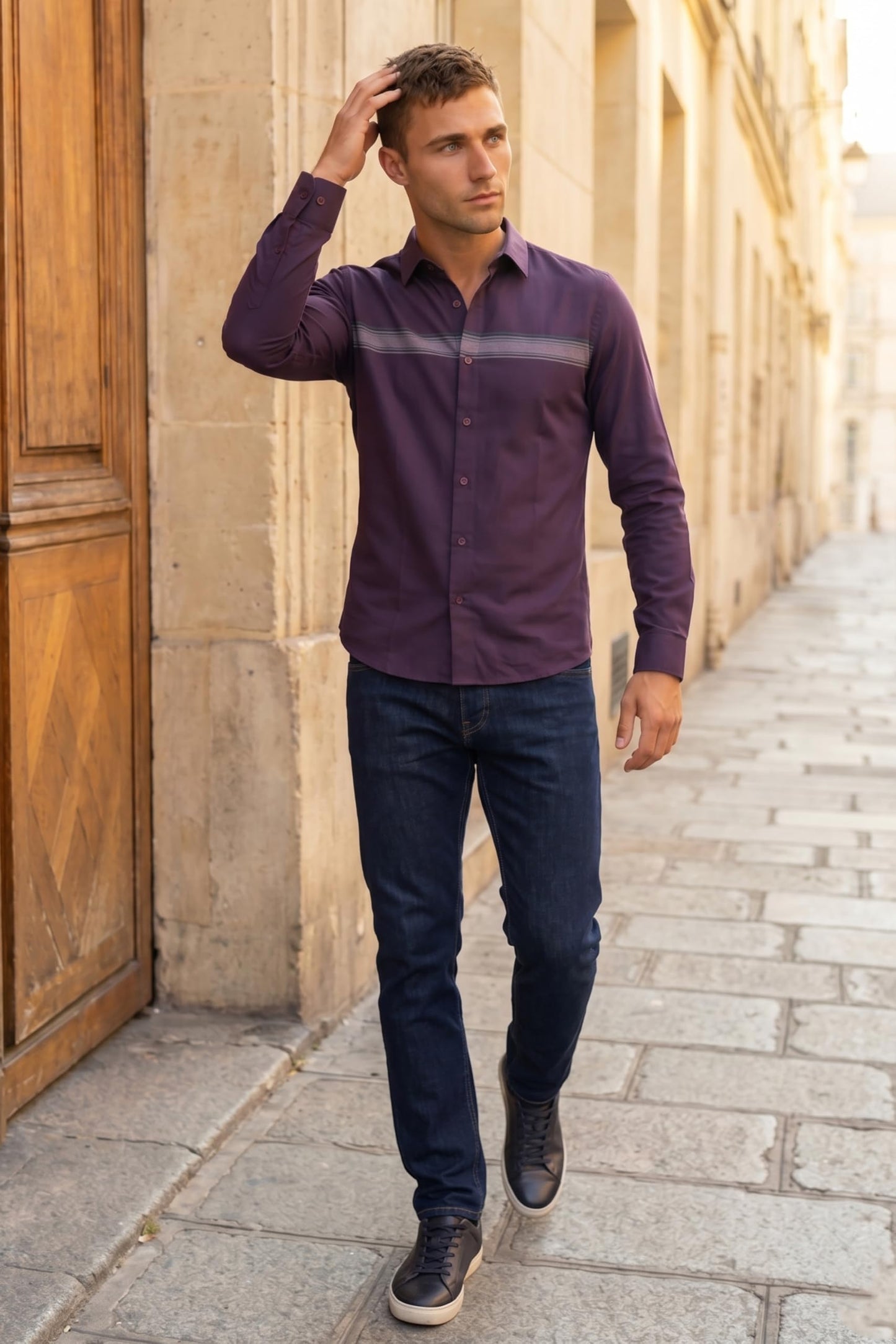 Men's Slim Fit Made Using BCI Cotton, Brushed Twill, Soft Fabric Full Sleeve Engineered Stripe Casual Shirt